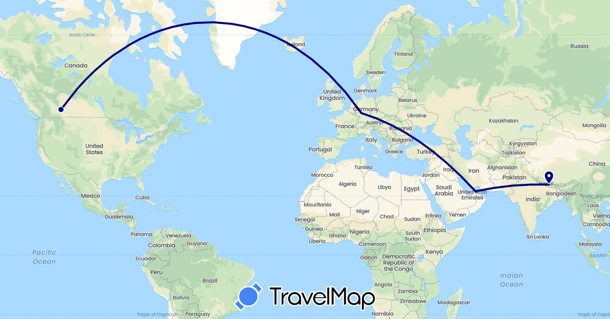 TravelMap itinerary: driving in United Arab Emirates, Canada, Germany, Nepal (Asia, Europe, North America)